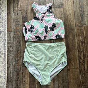Leaf Print Halter Bikini Set - Pink and Green